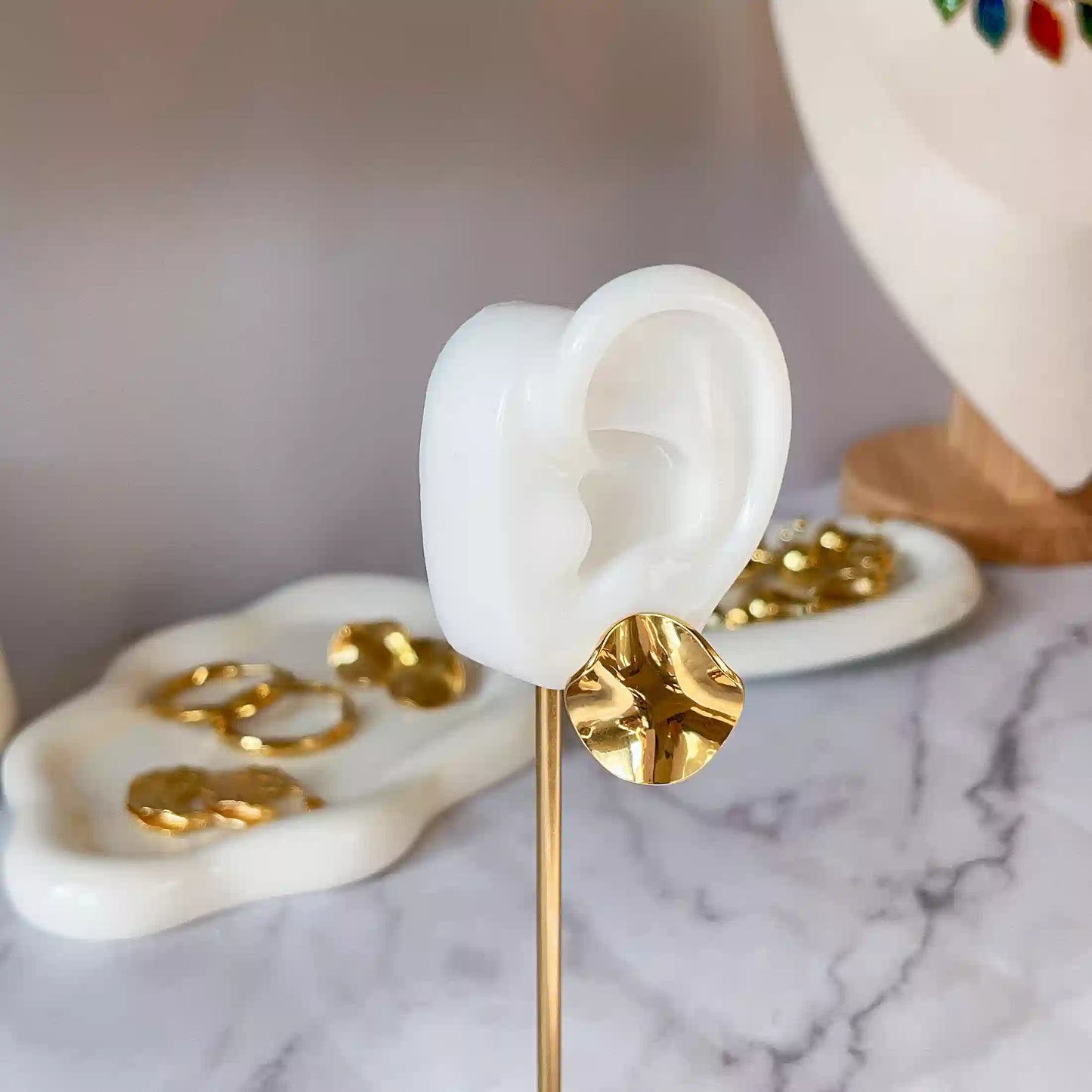 Unique Gold Circular Wavy Stud Earrings. 18k Gold Plated, Stainless Steel, Hypoallergenic Material, Waterproof, Tarnish Free