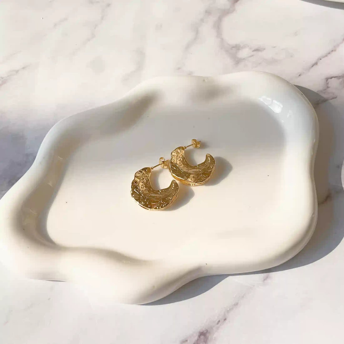 Crescent-shaped hoops with branch pattern earrings., 18k Gold Plated, Stainless Steel, Hypoallergenic Material, Waterproof, Tarnish Free