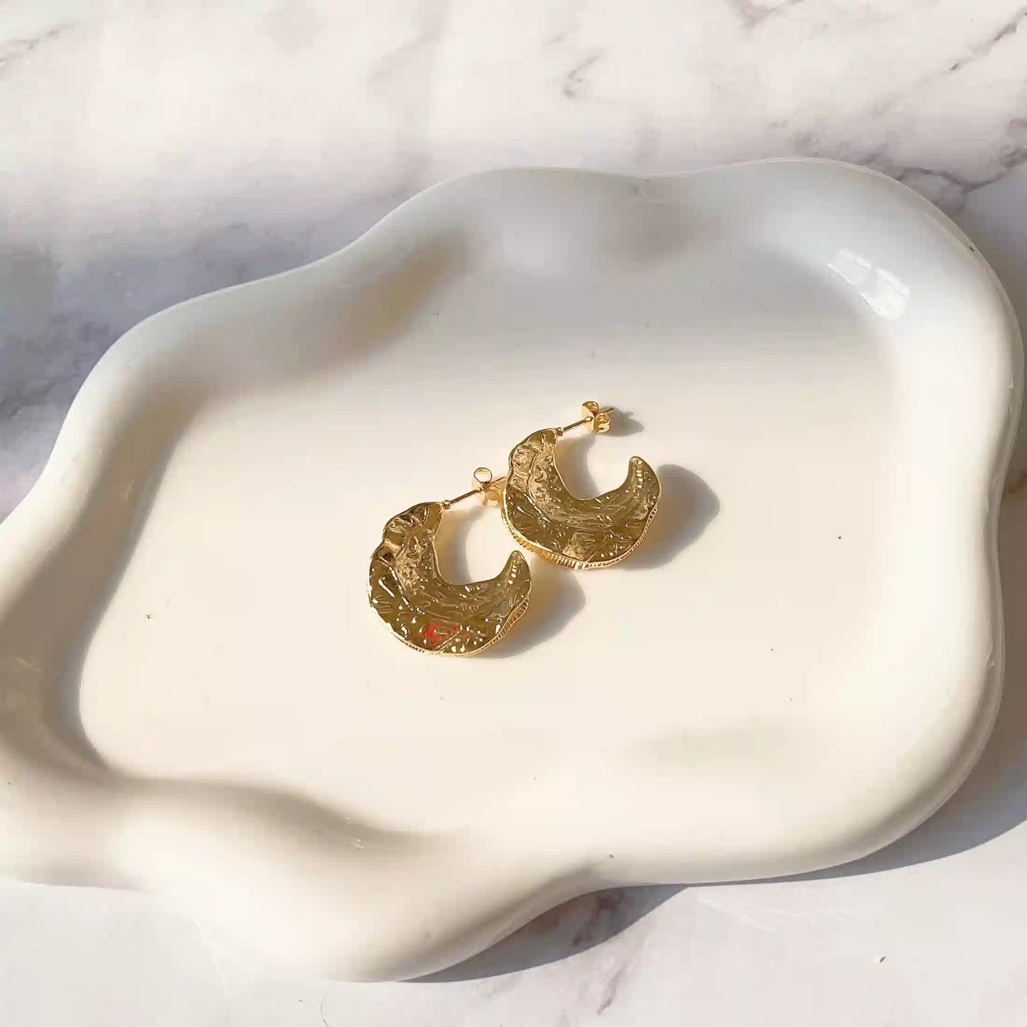 Crescent-shaped hoops with branch pattern earrings., 18k Gold Plated, Stainless Steel, Hypoallergenic Material, Waterproof, Tarnish Free