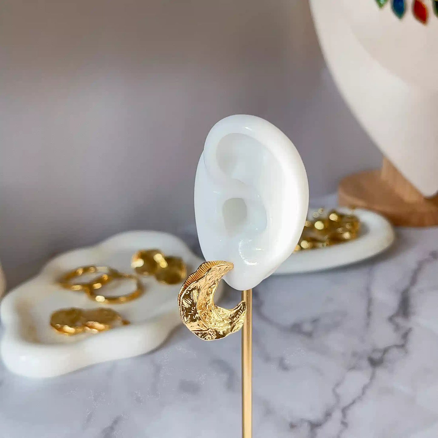 Crescent-shaped hoops with branch pattern earrings., 18k Gold Plated, Stainless Steel, Hypoallergenic Material, Waterproof, Tarnish Free
