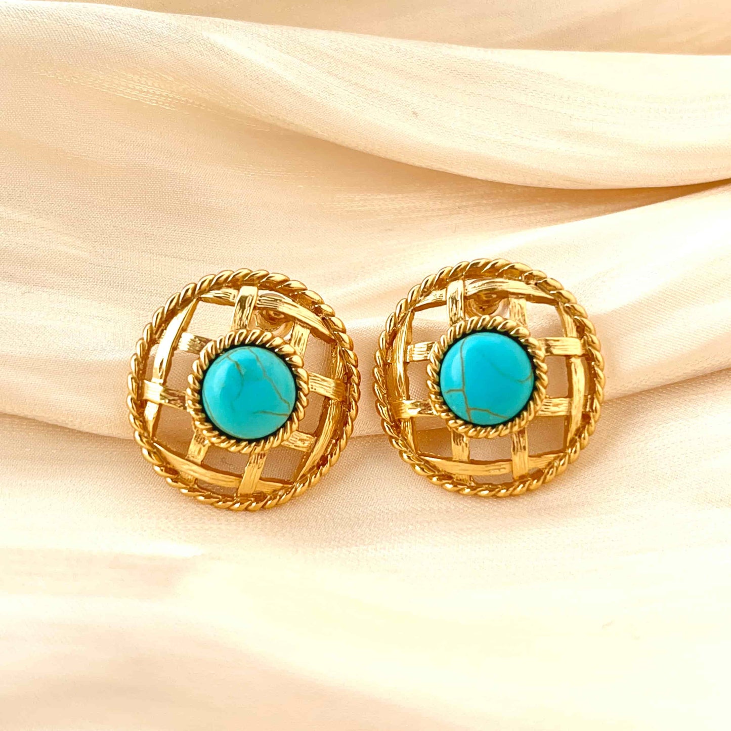 Woven Basket-Shaped Round Gold Earrings Inlaid with Turquoise.  Material：S925 silver pins and copper plated with 18K gold, Turquoise Weight：9.1g / pair