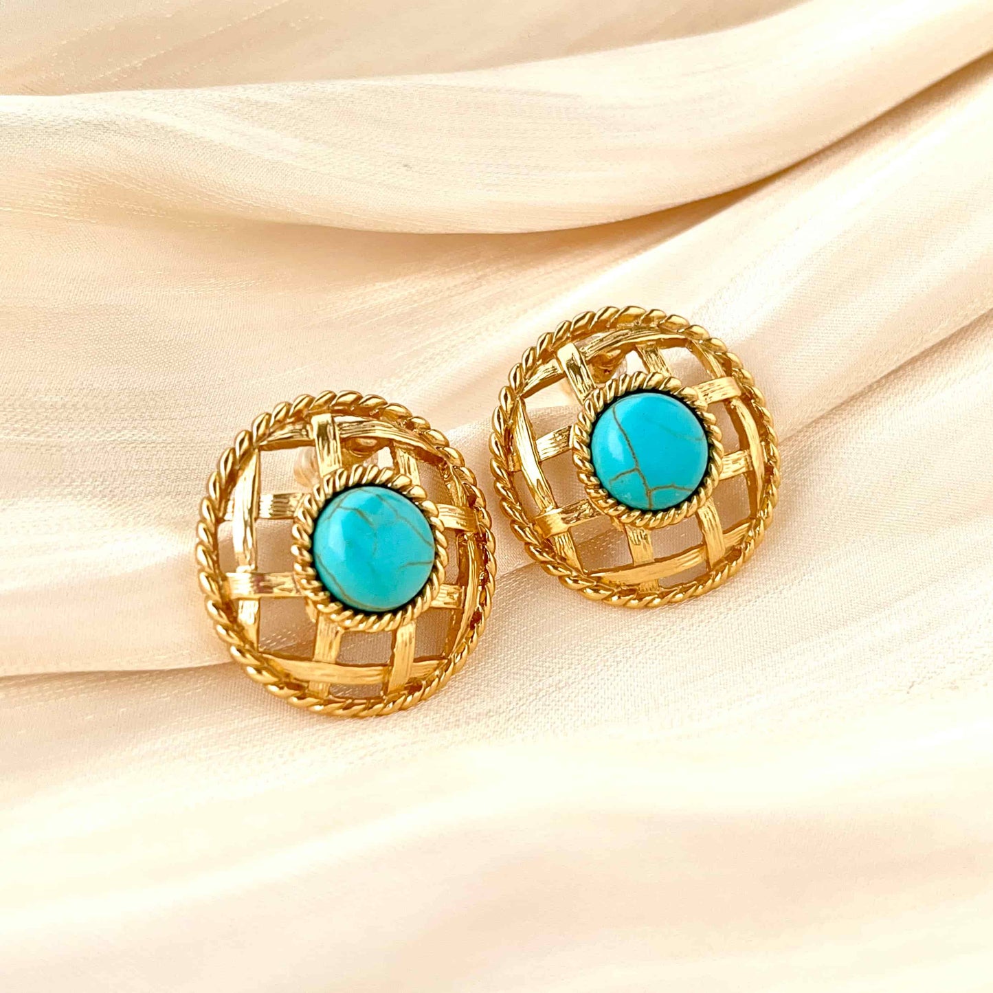 Woven Basket-Shaped Round Gold Earrings Inlaid with Turquoise.  Material：S925 silver pins and copper plated with 18K gold, Turquoise Weight：9.1g / pair