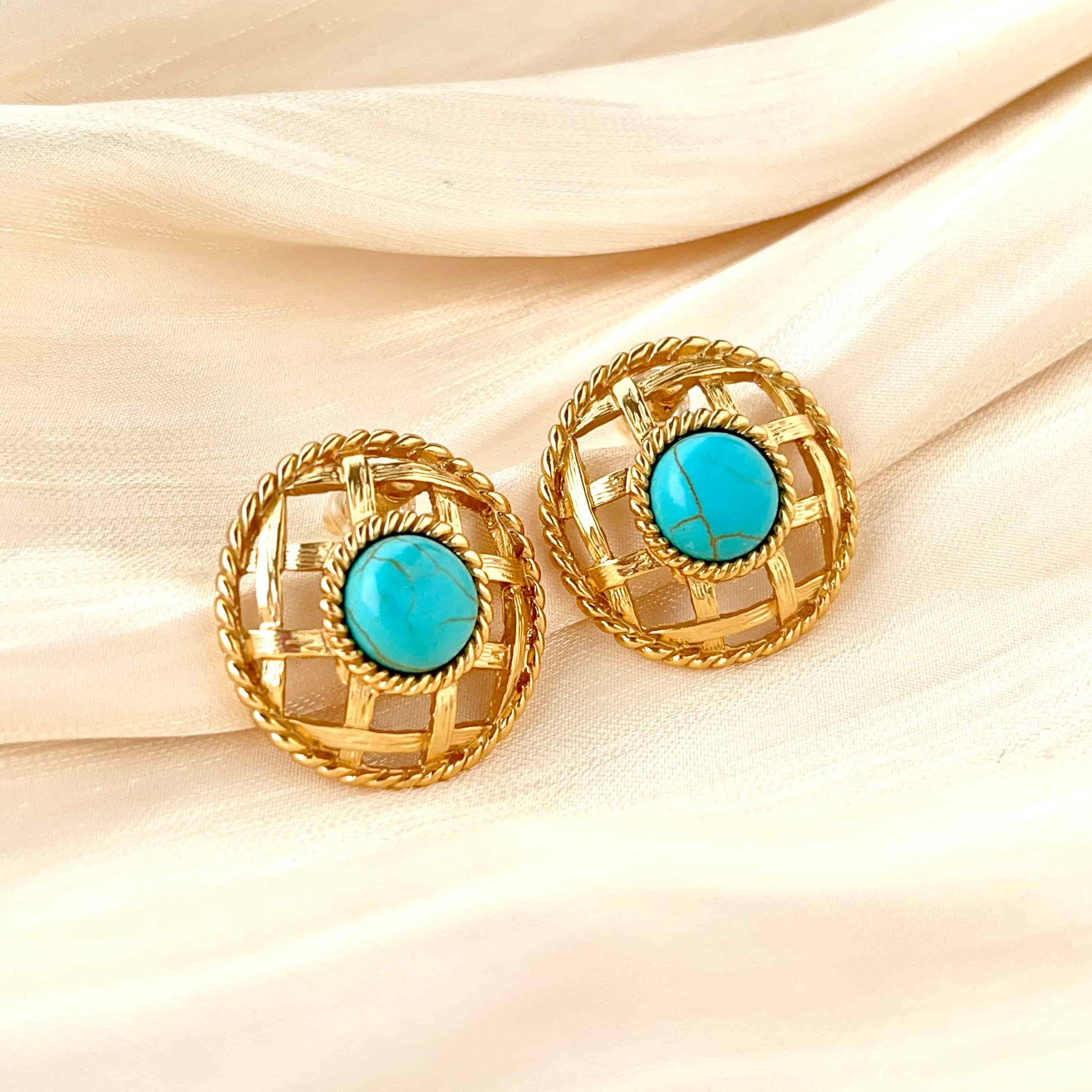 Woven Basket-Shaped Round Gold Earrings Inlaid with Turquoise.  Material：S925 silver pins and copper plated with 18K gold, Turquoise Weight：9.1g / pair