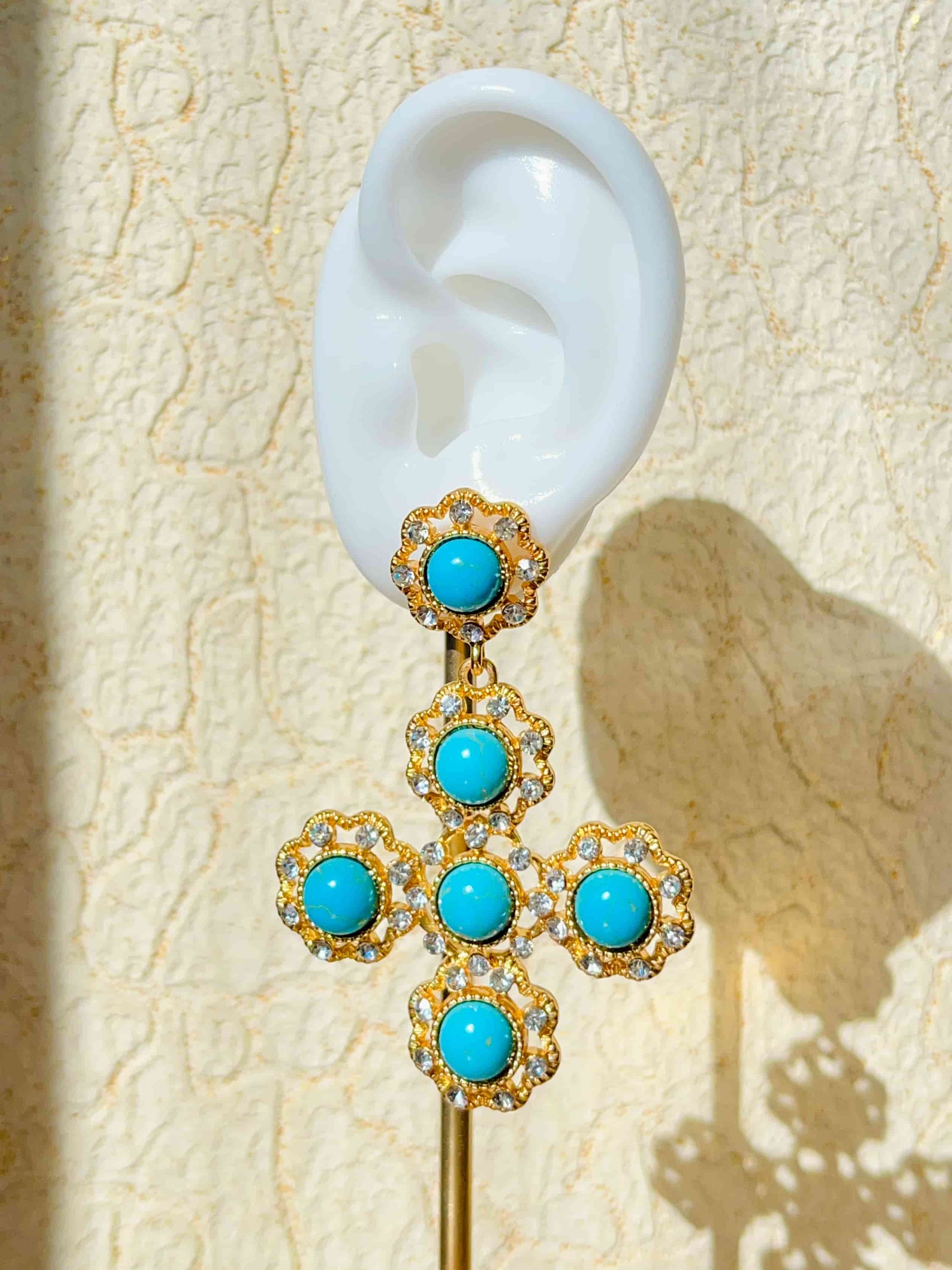 Exquisite Cross Earrings Inlaid with Turquoise and Zirconia.  Material：S925 silver pins and copper plated with 18K gold, Turquoise, Zircon Weight：27.3g / pair Dimensions：6.7cm*4.5cm